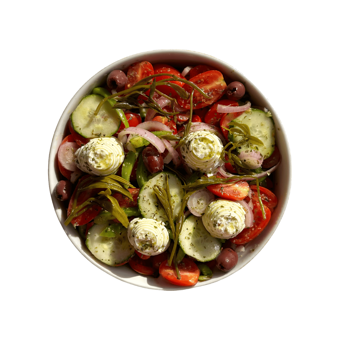 Greek salad with cherry tomatoes, cucumber, olives, samphire and feta cream